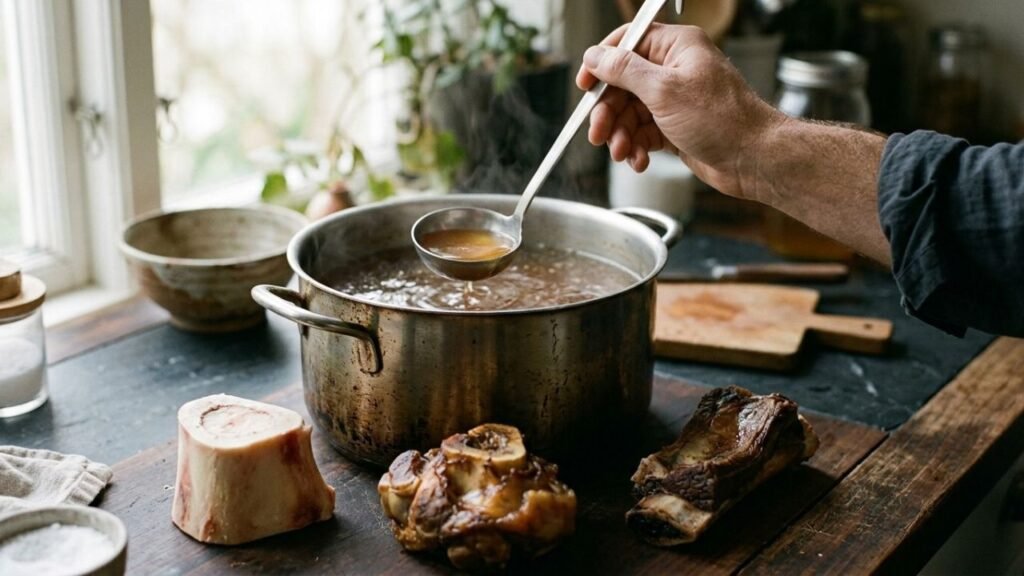 Stockpot of amber beef broth beside marrow, joint and meaty beef bones on a kitchen counter.