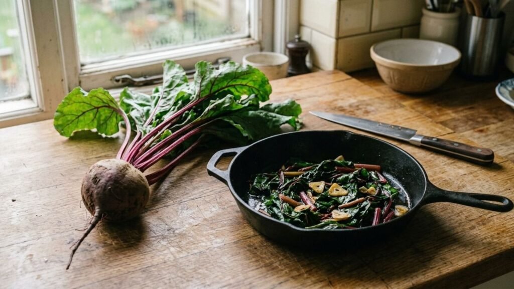 Fresh beetroot with leafy greens beside a pan of wilted beet greens and sliced garlic.