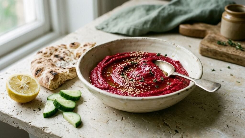 Magenta beet and tahini dip in a ceramic bowl with flatbread and cucumber.