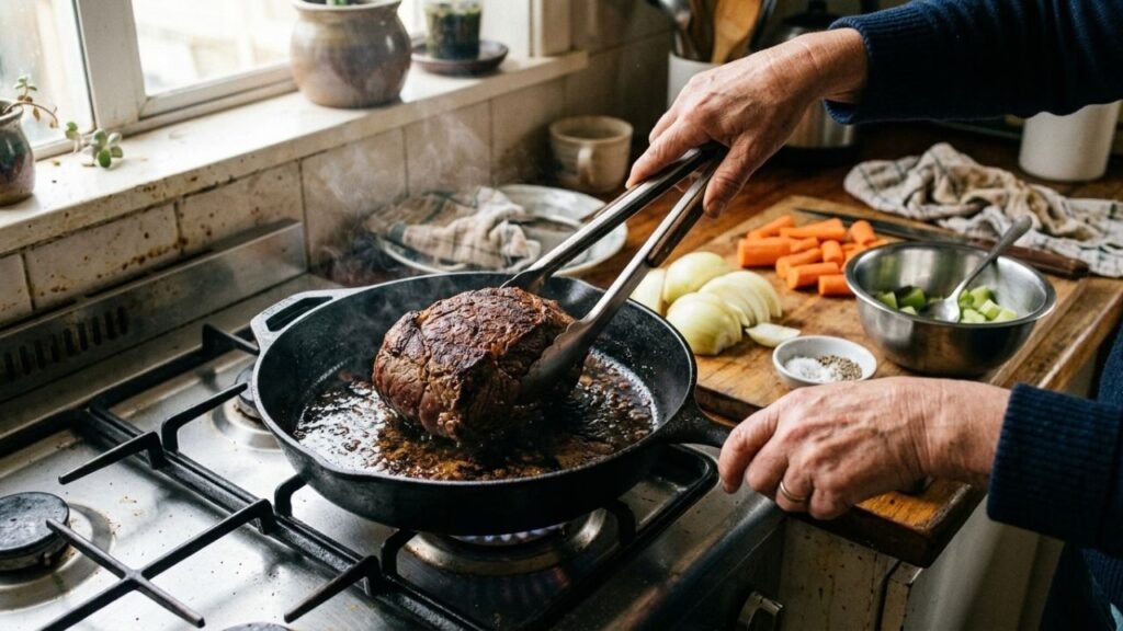 Hands turning a rump roast with a browned crust in a heavy roasting pan.