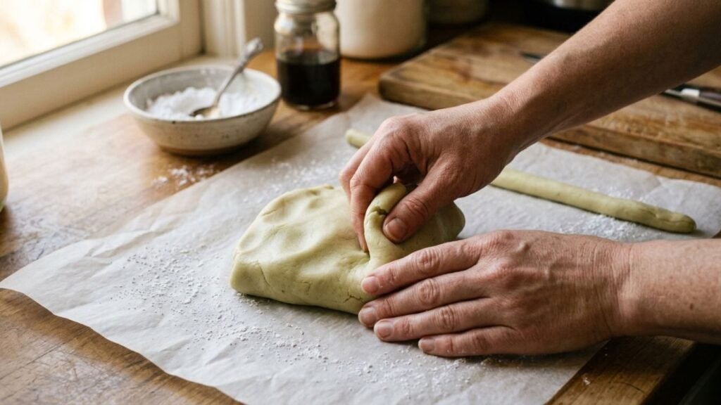 Hands shaping soft butter-mint dough on parchment paper.