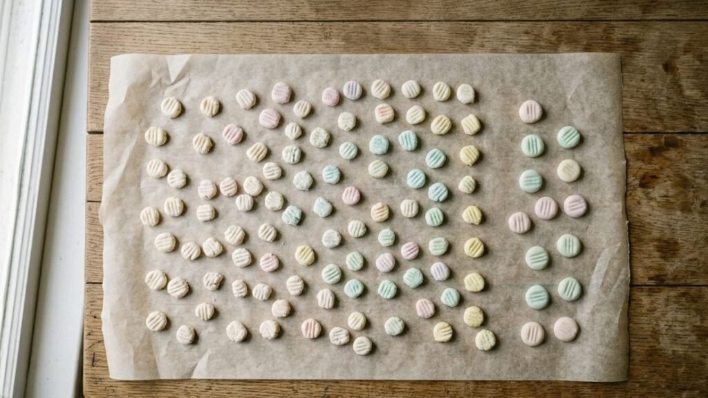 Small pastel butter mints spaced apart on parchment paper while they dry.