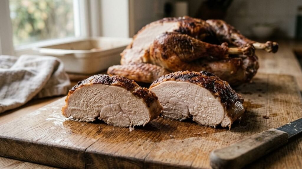 Freshly carved roasted turkey showing browned skin and moist breast meat on a wooden board.