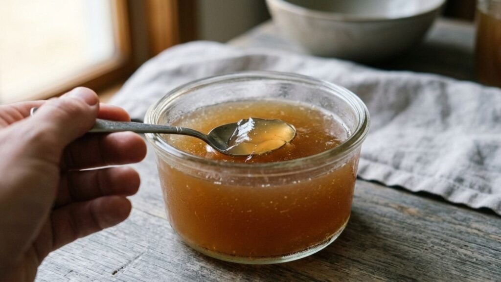 Chilled beef broth set into a soft amber gel inside a glass container.