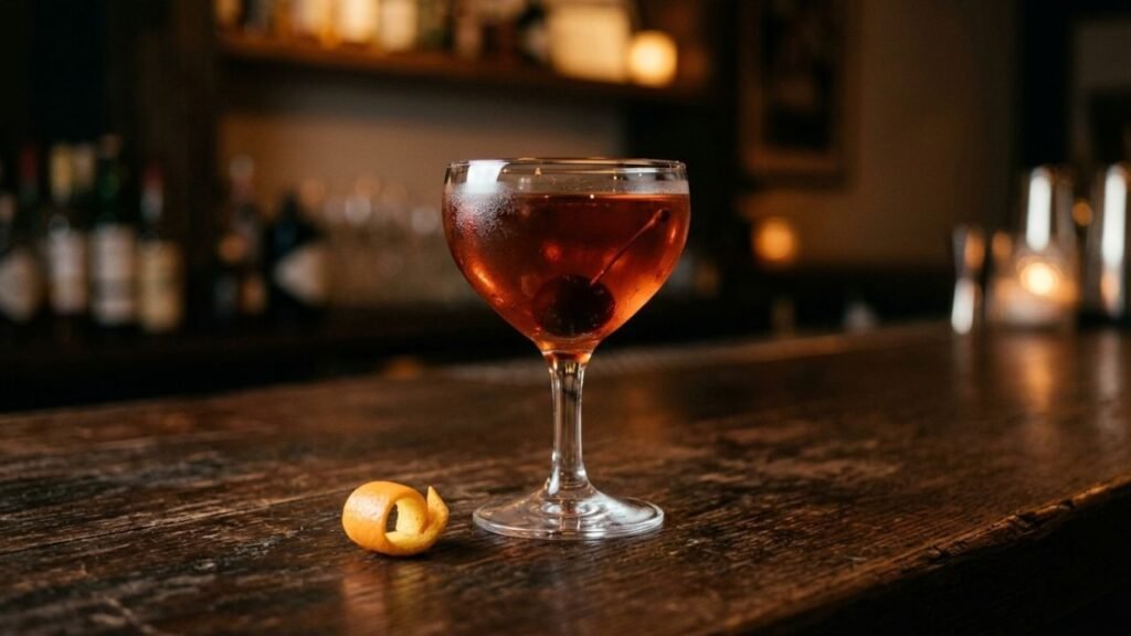 Clear amber Manhattan in a chilled cocktail glass with a single cocktail cherry.