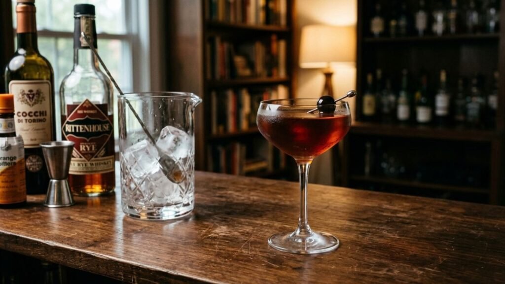 Manhattan cocktail in a chilled coupe beside a mixing glass filled with ice on a dark wooden bar.