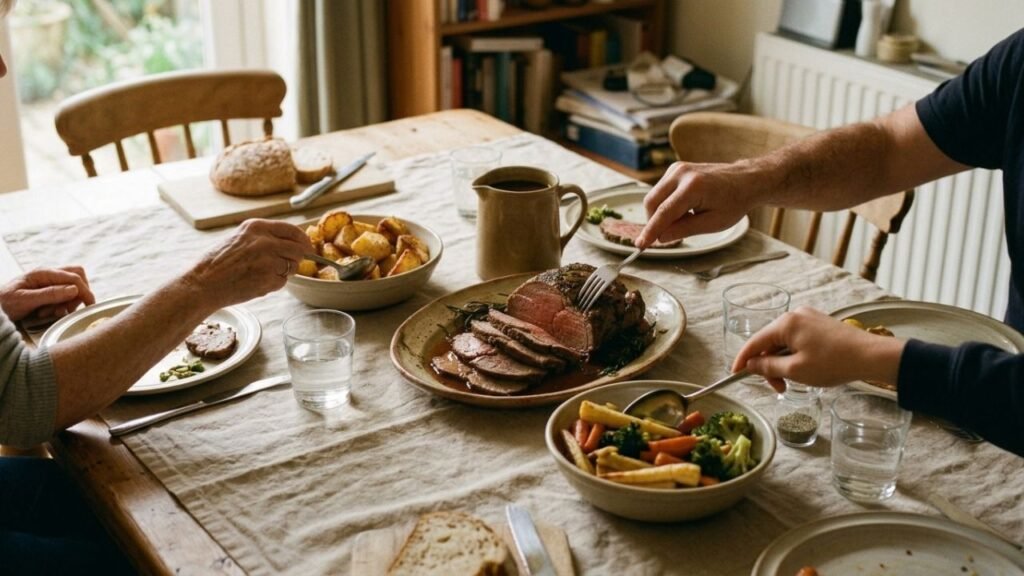 Sunday dinner table with carved roast beef, gravy, potatoes and vegetables in serving dishes.