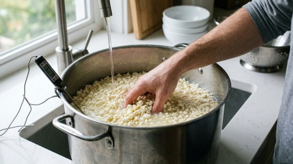 Pale cheese curds being gently stirred in cool water during cheesemaking.