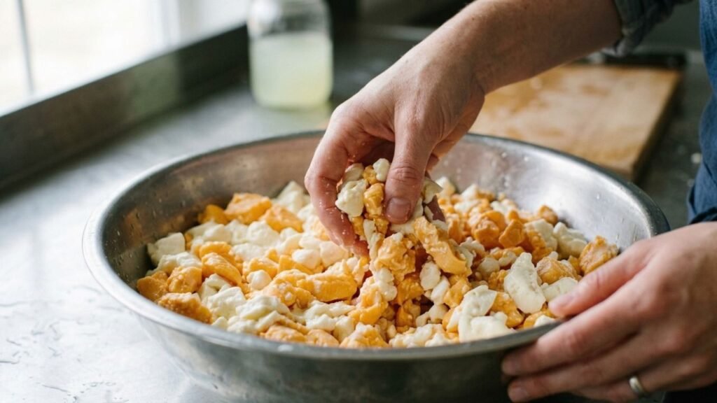 Hands gently combining orange and white cheese curds for Colby Jack.