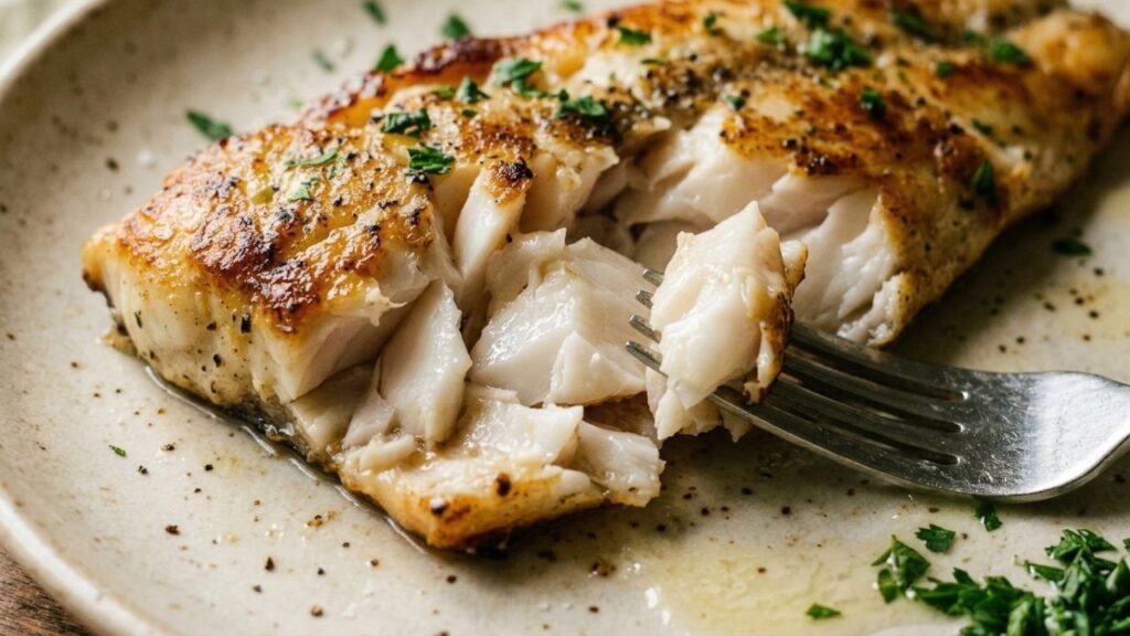 Fork separating cooked dorado into large opaque white flakes beneath a browned crust.
