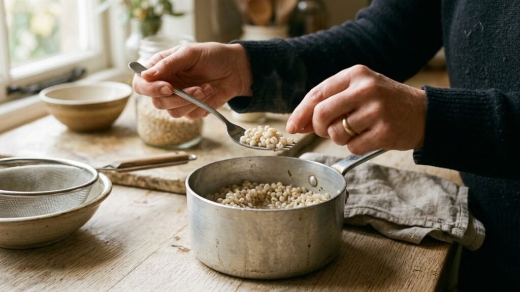 Hand testing cooked pearl barley beside a saucepan with a fork.