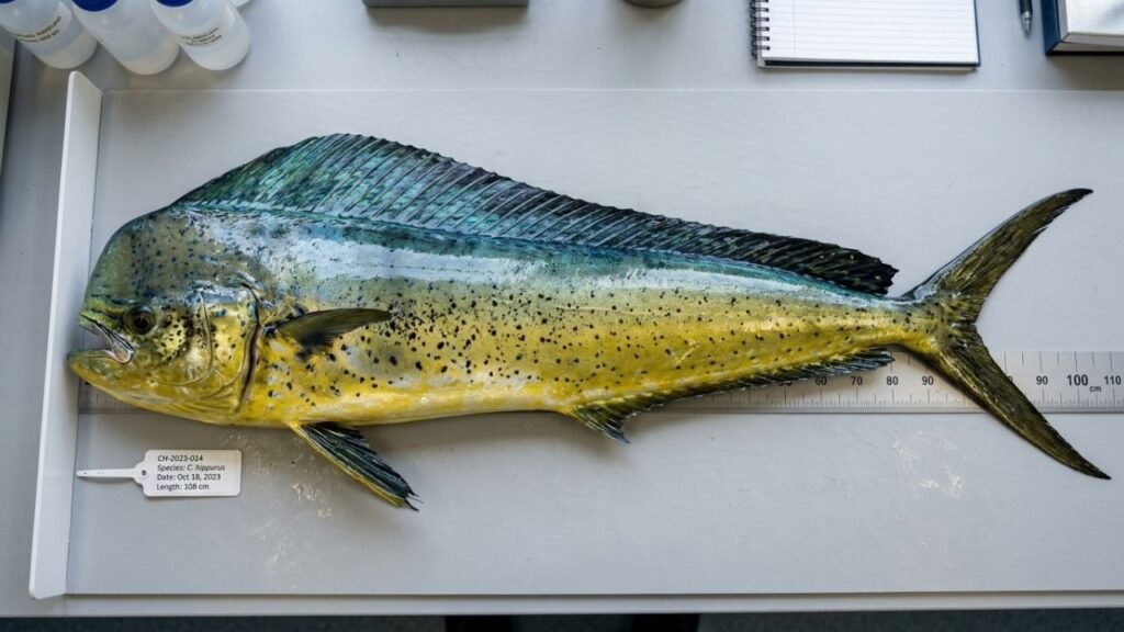 Whole dorado fish with bright blue-green upper body and yellow lower body.