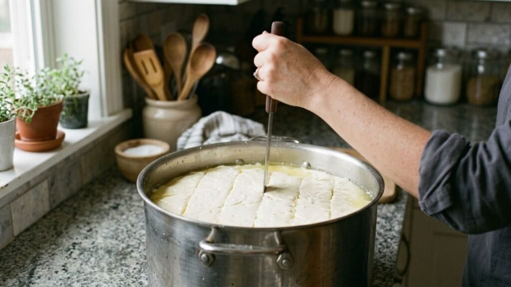 Knife cutting a firm pale cheese curd inside a stainless-steel pot.