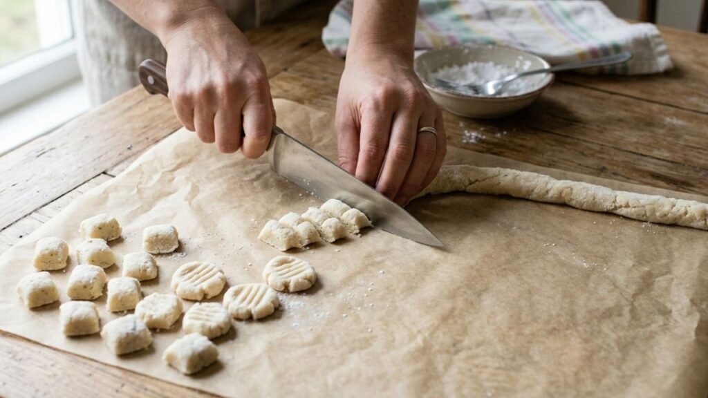 Small pieces of butter-mint dough being cut from a narrow rope beside finished fork-marked mints.