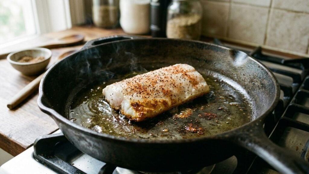 Dorado fillet browning in olive oil in a dark skillet.