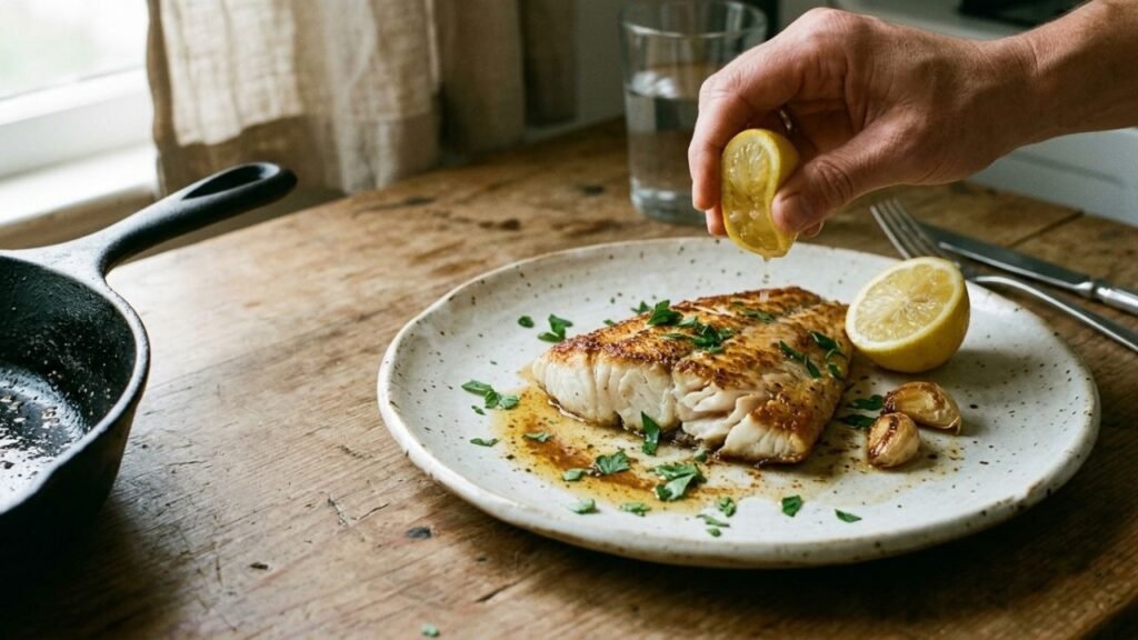 Golden-browned dorado fillet on a ceramic plate with lemon and fresh herbs.