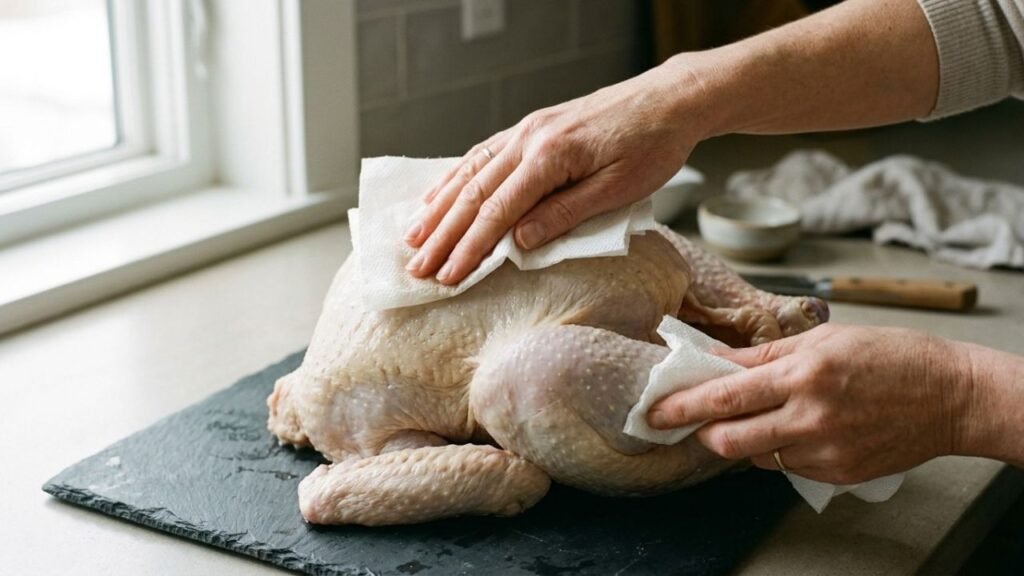 Hands patting the skin of a brined turkey dry with paper towels.