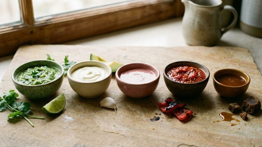Five contrasting dipping sauces in green, white, pink, red and amber arranged on a stone surface.