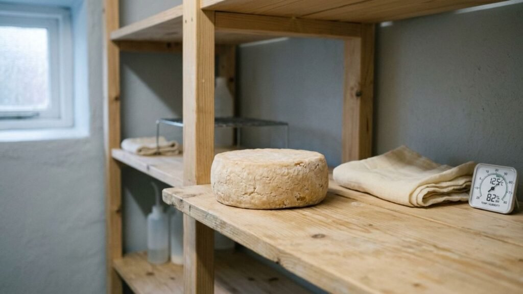 Young homemade cheese resting on a shelf to dry before aging.