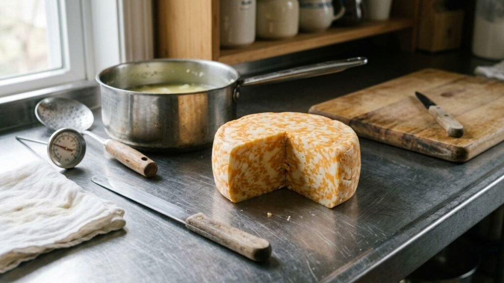 Freshly cut Colby Jack cheese showing irregular orange and white curds.