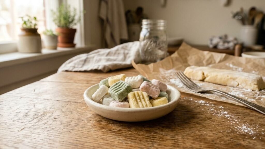 Pastel homemade butter mints in a small candy dish beside a rope of unfinished dough and a fork.