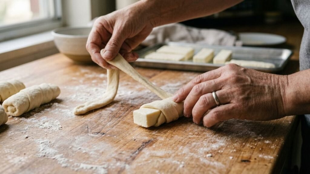 Hands wrapping dough around a rectangular piece of white cheese to form a tequeño.