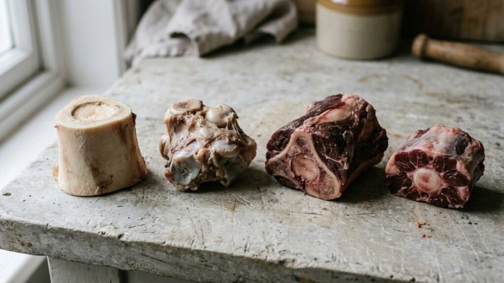 Marrow, joint and meaty beef bones arranged on a pale stone kitchen surface.