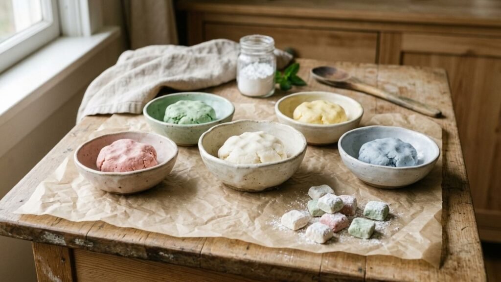 Small homemade butter mints and dough portions in pale pink, green, yellow, blue, and white.