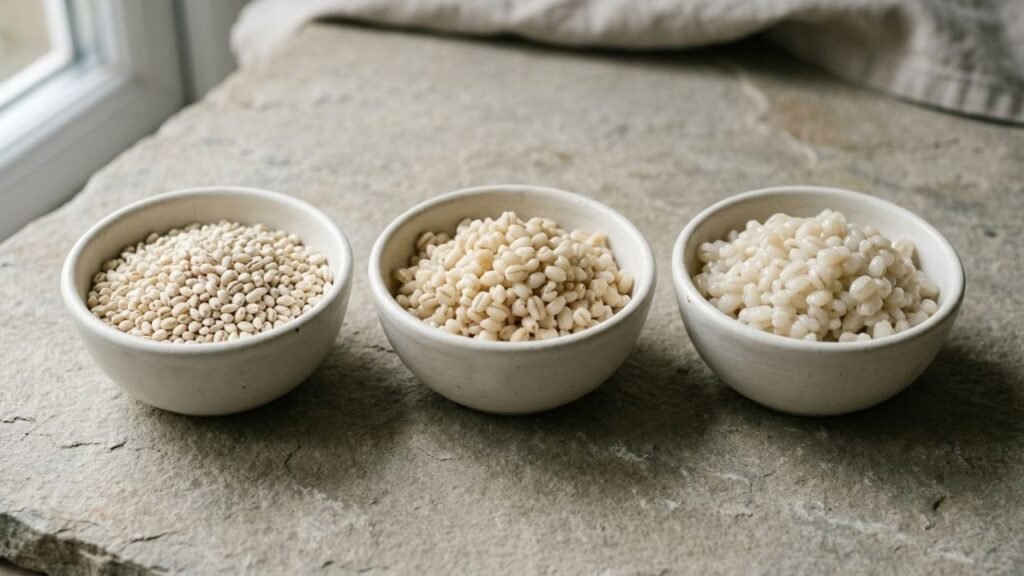 Three dishes showing pearl barley dry, partly cooked, and fully cooked.