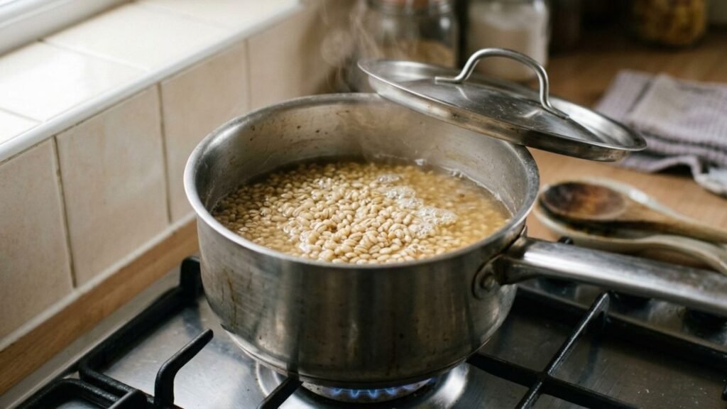 Pearl barley gently simmering in a saucepan on a stovetop.