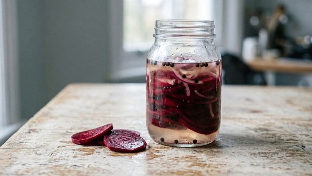 Jar of sliced pickled beetroot with red onion and peppercorns in vinegar.