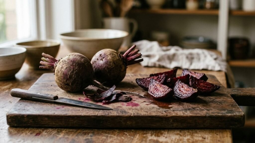 Raw beetroot beside peeled roasted beet wedges with browned edges on a cutting board.