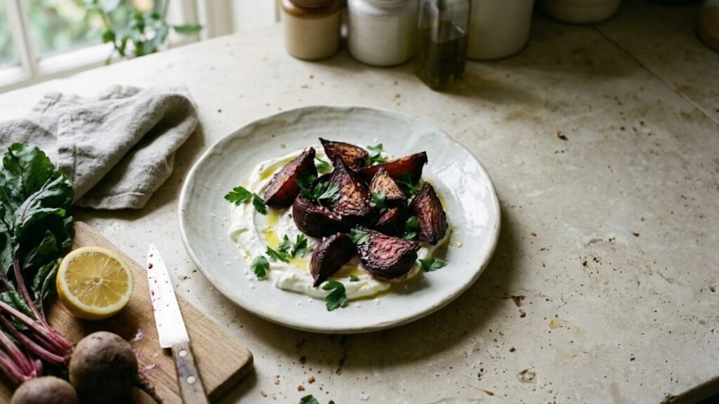 Roasted beet wedges arranged over Greek yogurt on a ceramic plate beside beet greens and lemon.