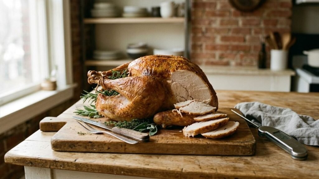 Partially carved roasted turkey showing browned skin and moist breast meat on a wooden board.