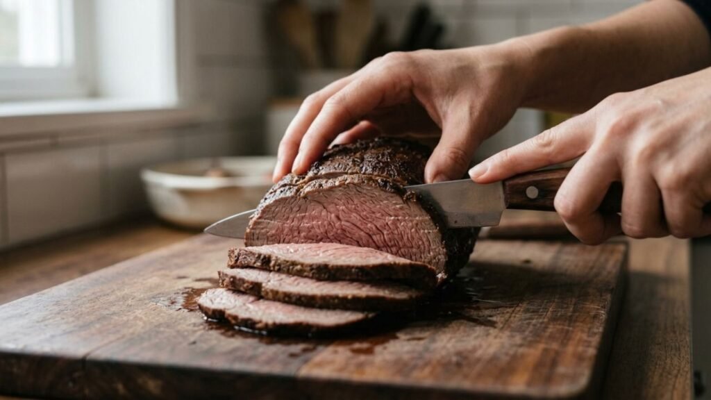 Carving knife cutting across the visible grain of sliced rump roast.