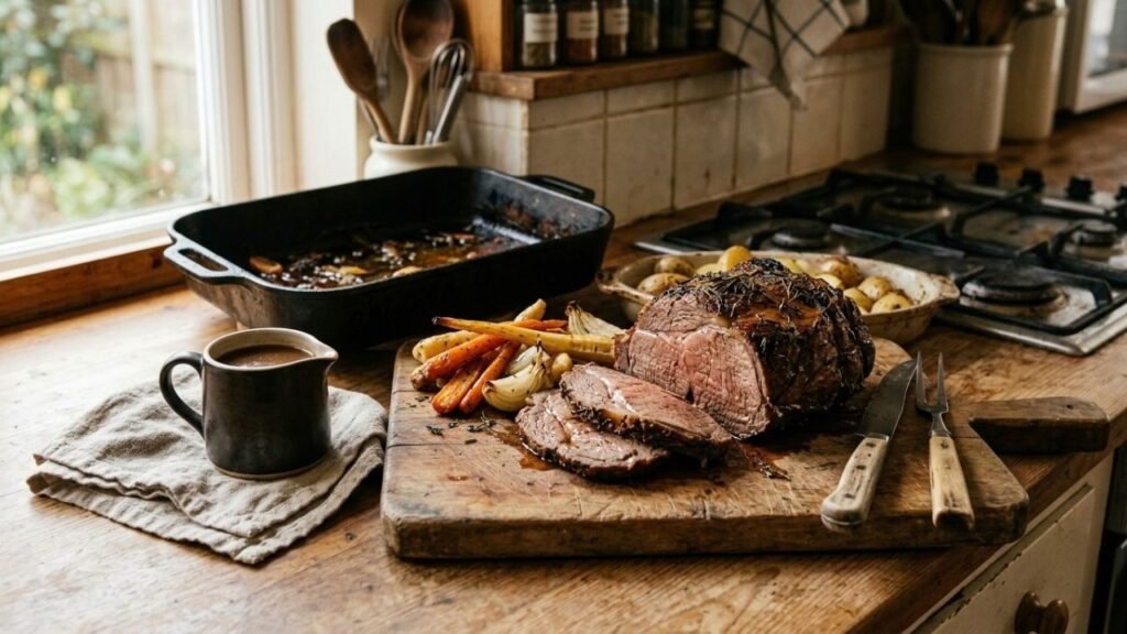 Partially sliced browned rump roast on a wooden cutting board with gravy and roasted vegetables nearby.