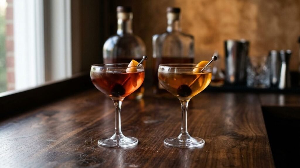 Two Manhattan cocktails shown side by side to compare rye and bourbon whiskey styles.
