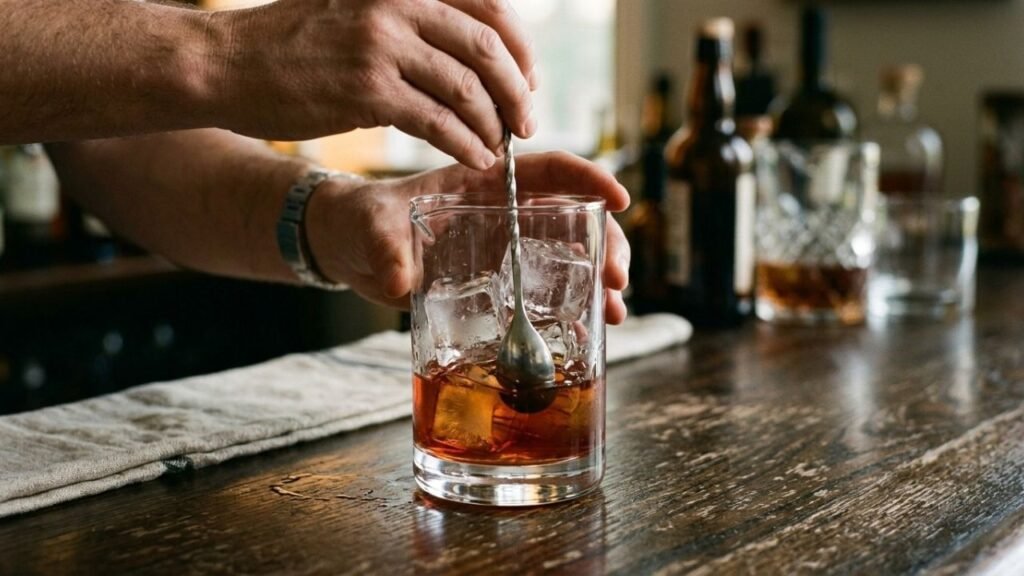 Hand stirring an amber Manhattan in a mixing glass filled with large ice cubes.