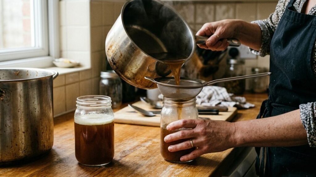 Hands strain hot beef broth through a mesh strainer into a glass container beside cooled broth.