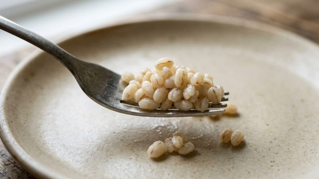 Close-up of tender pearl barley grains held on a fork.