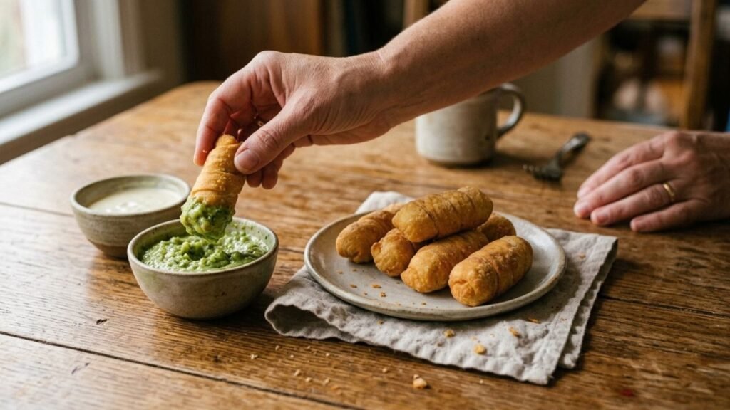 A hand dips a golden tequeño into green guasacaca beside a bowl of creamy garlic sauce.