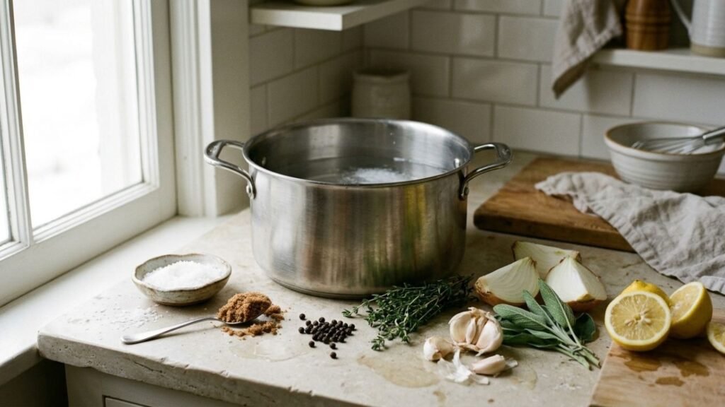 Salt, brown sugar, lemon, herbs, garlic, onion and peppercorns arranged beside a metal container of turkey brine.