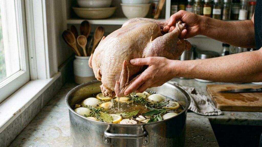 Hands lifting a whole turkey from a brine with lemon slices and fresh herbs.