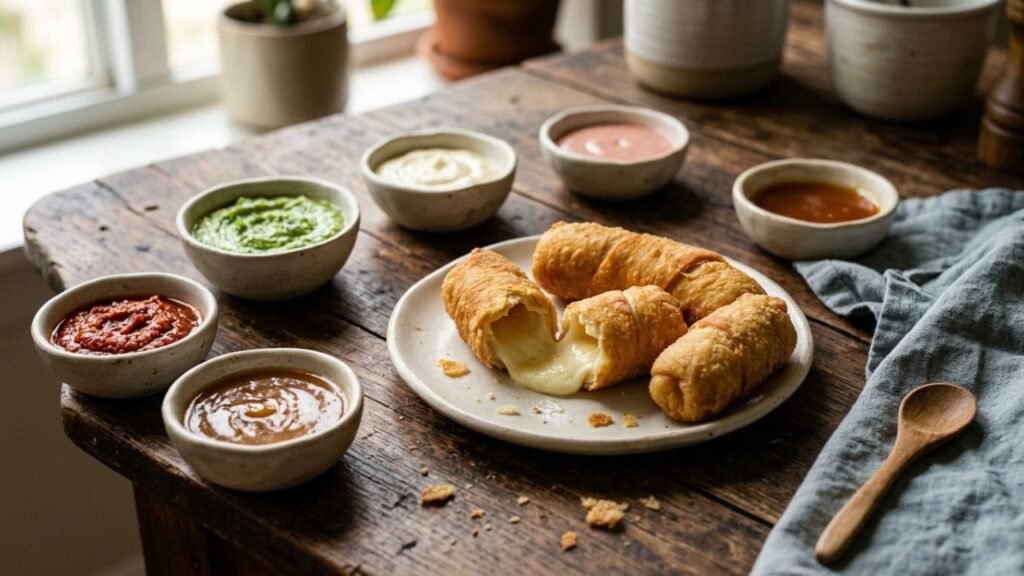 Golden Venezuelan tequeños beside five dipping sauces in green, white, pink, red and amber.