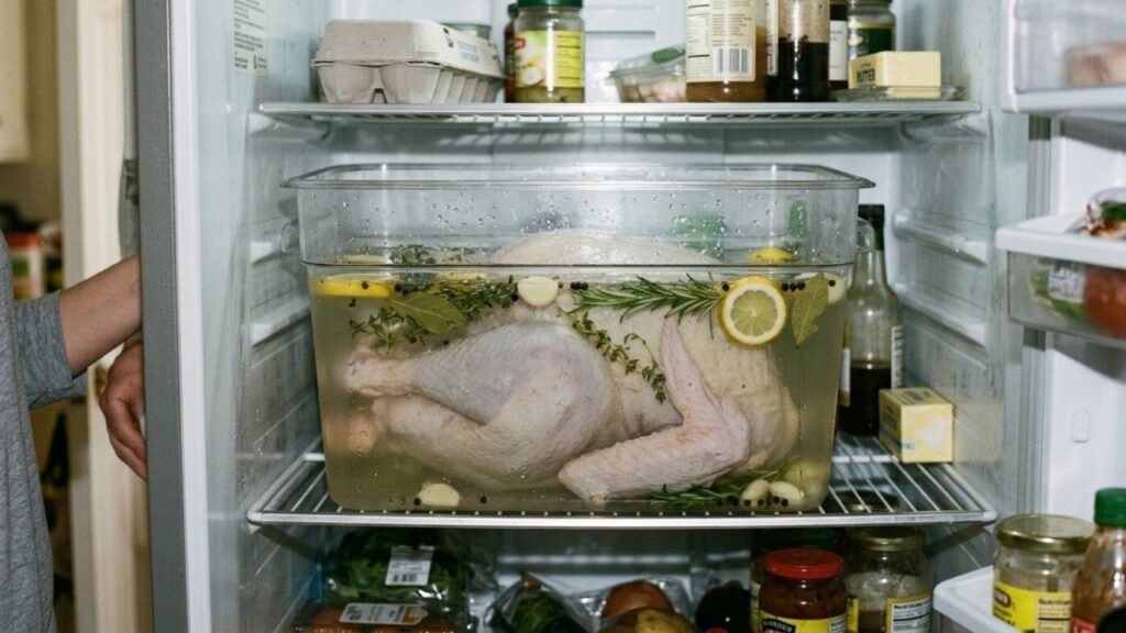 Whole turkey submerged in a clear brine with herbs and lemon inside a large food-safe container.