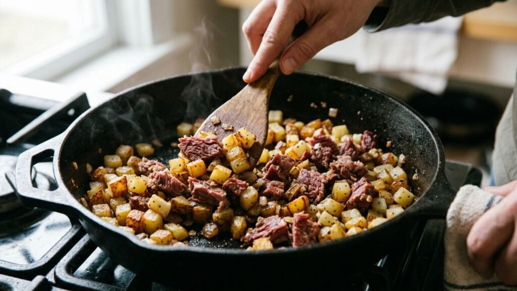 Browned potatoes and pieces of corned beef being combined in a skillet.