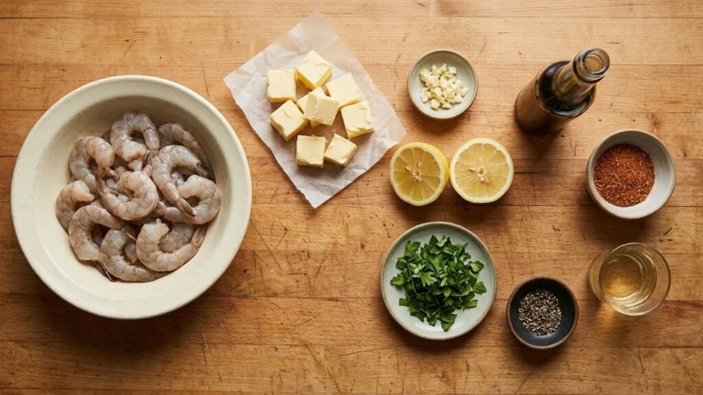 Raw shrimp, butter, garlic, lemon, black pepper, and Worcestershire sauce arranged on a kitchen counter.