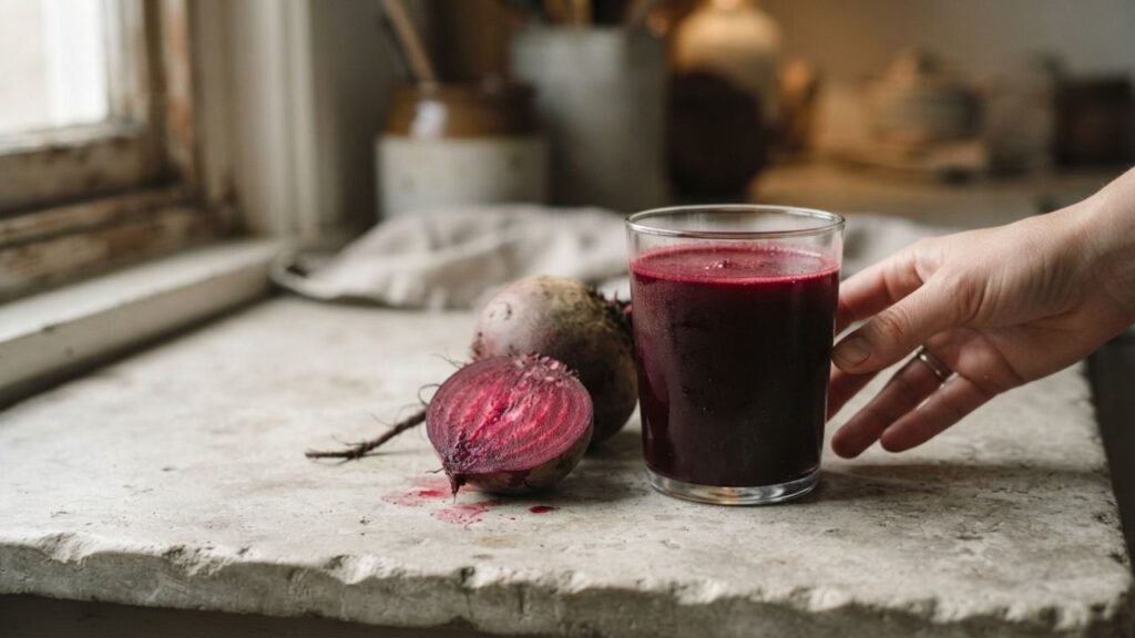 Glass of deep red beetroot juice beside a whole and freshly cut beetroot on a pale stone surface.