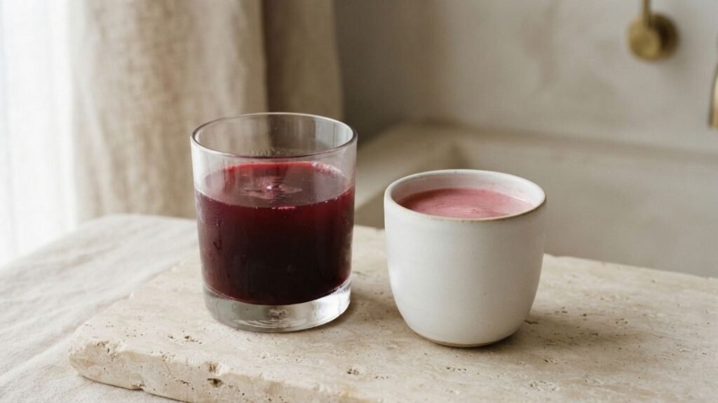 Glass of beetroot juice beside a white ceramic vessel containing pale pink-red liquid as a visual reference to beeturia.
