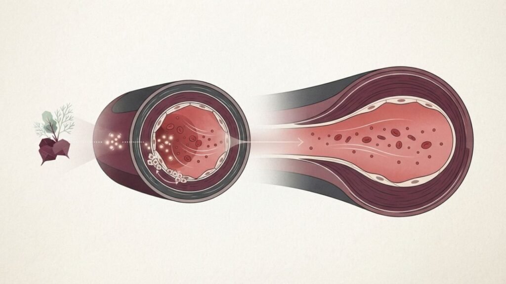 Editorial diagram showing a blood vessel becoming wider as nitric oxide signaling increases.